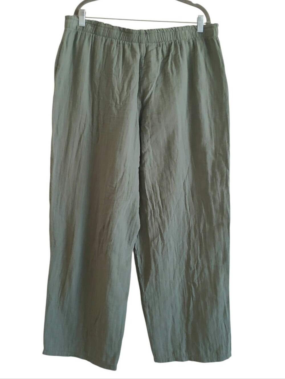 COLDWATER CREEK 100% Cotton Gauze Wide Leg Pull On Pants Women's L Olive Green